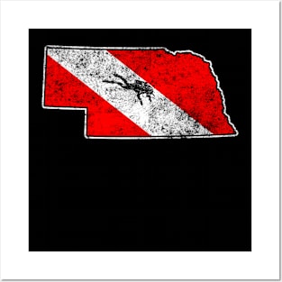 Nebraska Dive Flag Scuba Diving State Map Dive Flag Distressed Posters and Art